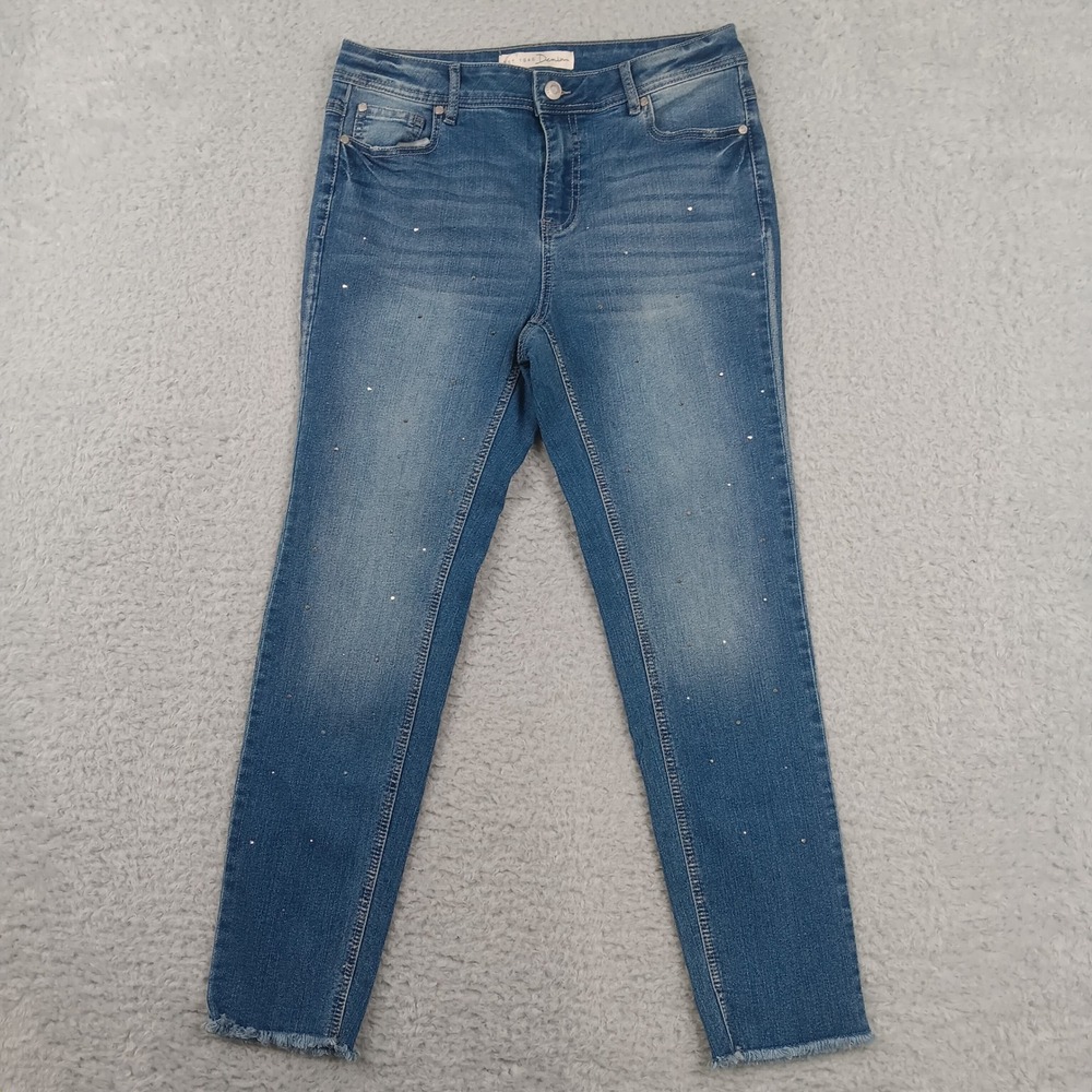 C. 1946 Denim Skinny Jeans Womens 8P Blue Rhinestone Embellished Frayed Hem 81%C